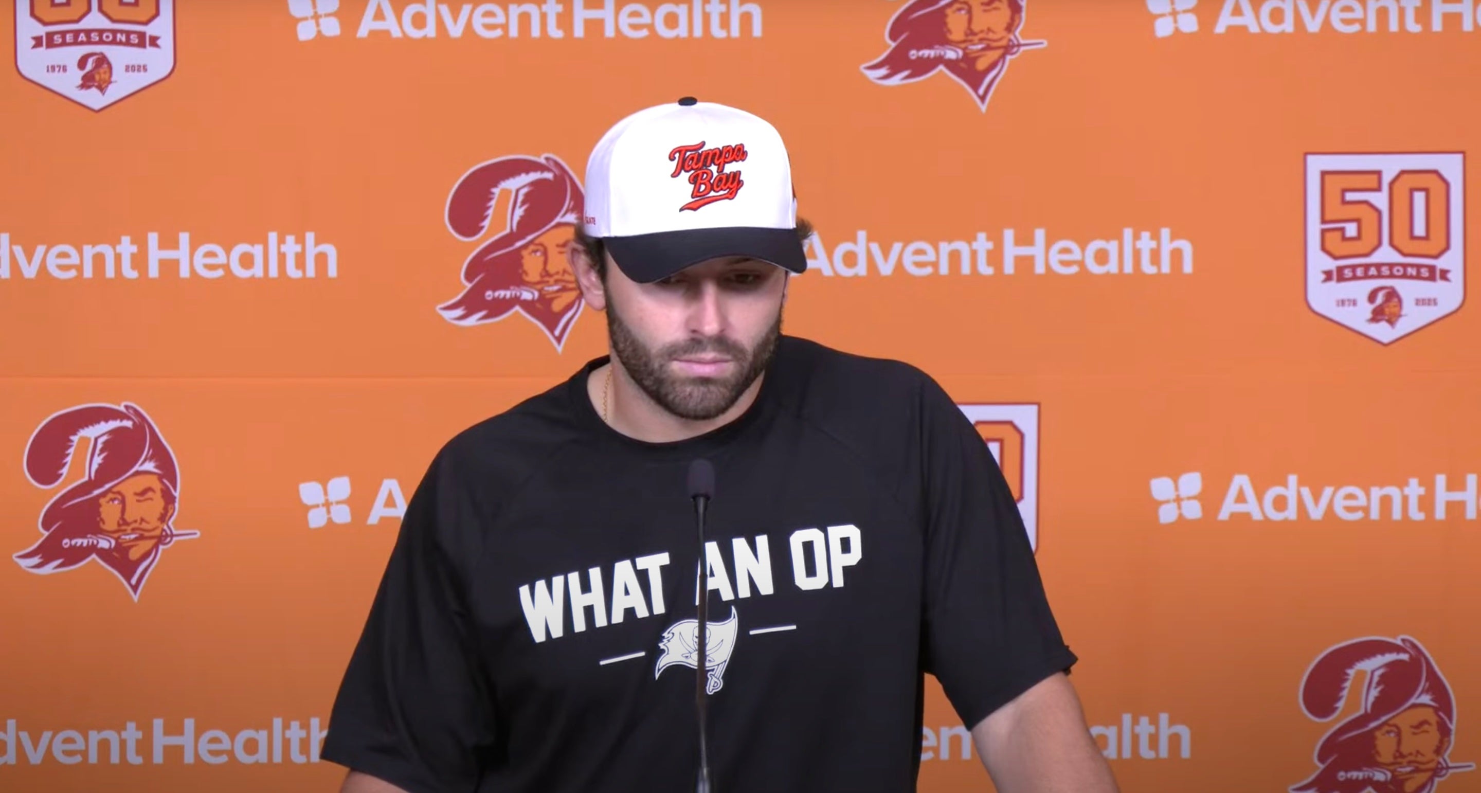 Baker Mayfield talks to reporters after Bucs practice on Wednesday.